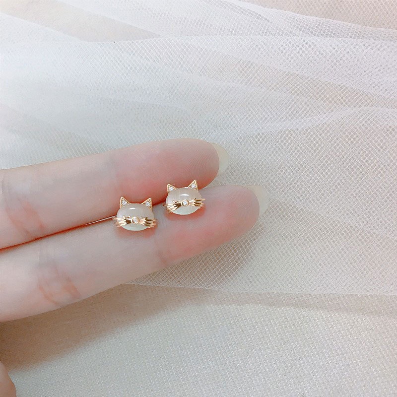 Anting Tusuk Motif Kucing Bahan Alloy Hias Batu Opal Imitasi Untuk Wanita