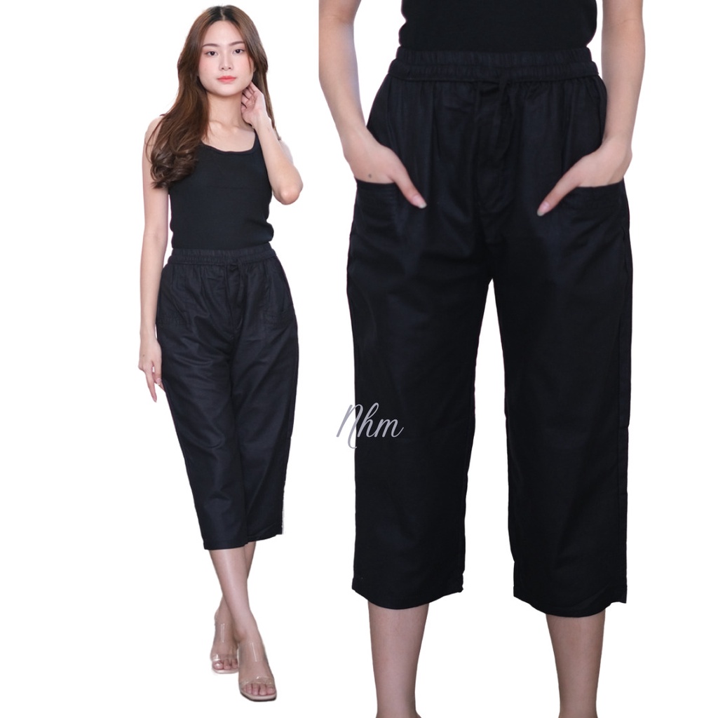 Celana Pendek 7/8 Wanita Katun Linen Premium, Celana Wanita Amora Nhm