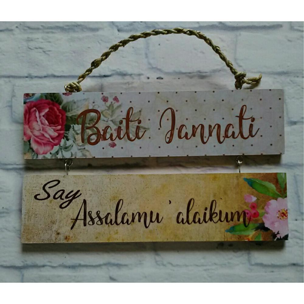 Walldecor Shabby Hiasan Dinding Kayu Kaligrafi Vintage Murah Susun 2 Baiti Jannati Assalamualaikum