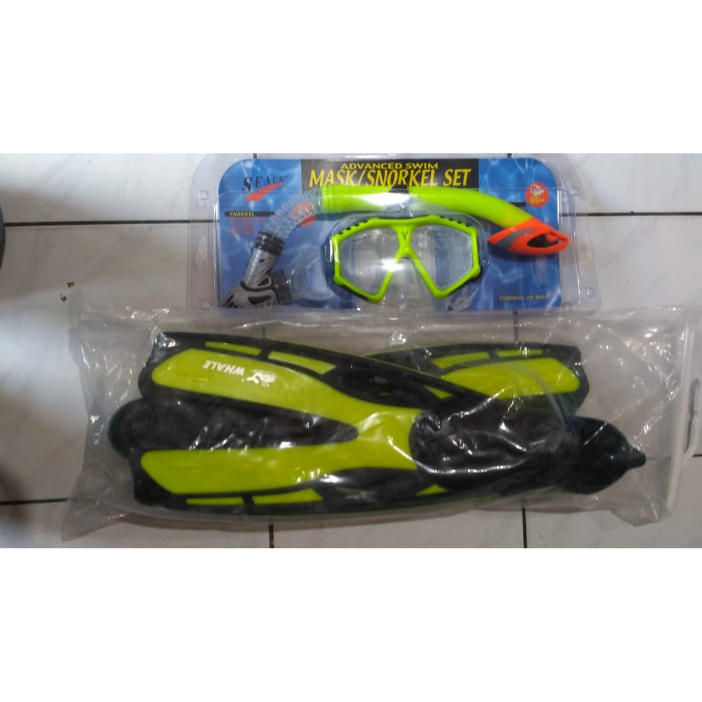 PAKET SNORKEL SILICONE DRY MERK SEAL + FIN KAKI KATAK MERK WHALE