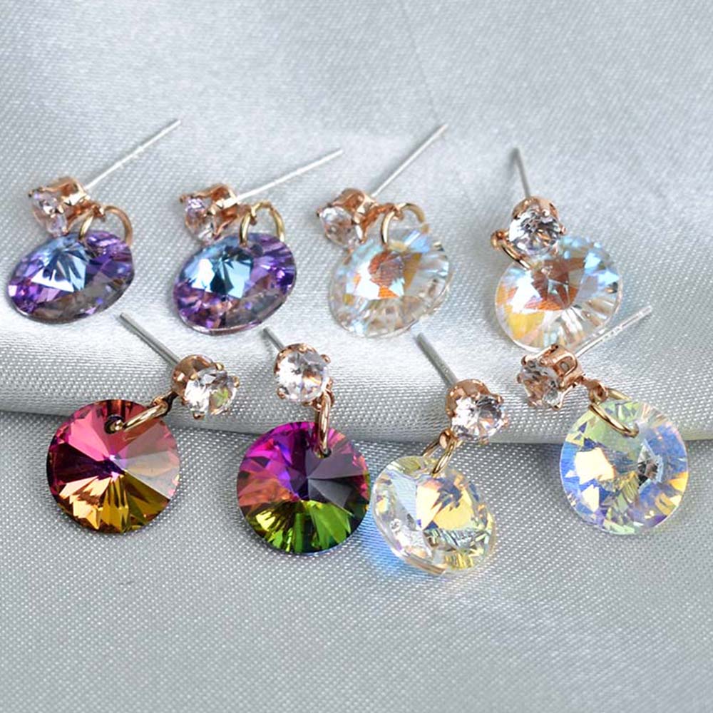 Anting Stud Bentuk Bulat Geometris Aksen Kristal Warna-Warni Untuk Wanita