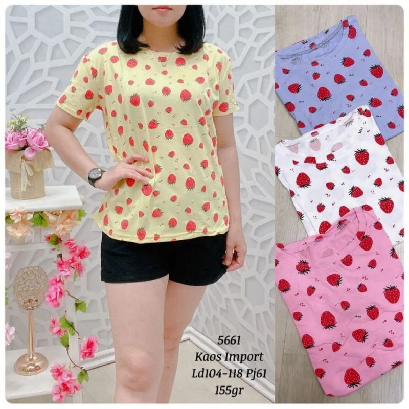 Kaos Wanita Import Big Size Print Motif Strawberry Fashion Korea / Kaos Wanita Jumbo