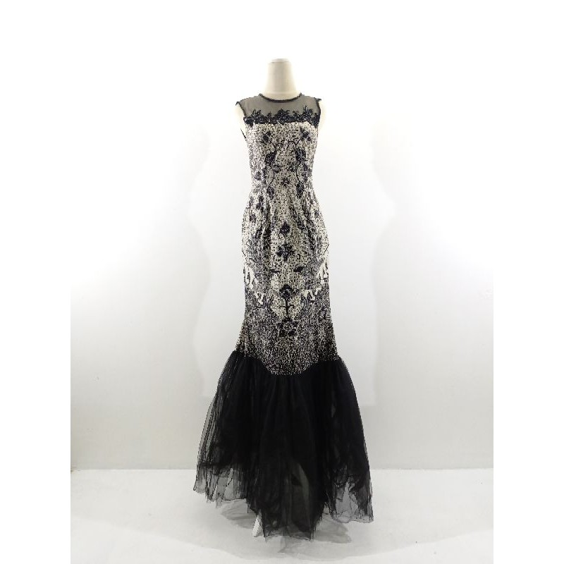 Gaun batik atbm tulis motif bunga hitam putih kombinasi tile dan brokat