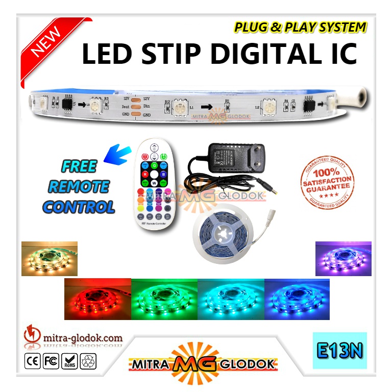 LED STRIP SMD 5050 IP 20 INDOOR FULL COLOR RGB DIGITAL IC SMART LED PAKET LENGKAP DENGAN REMOTE DAN 
