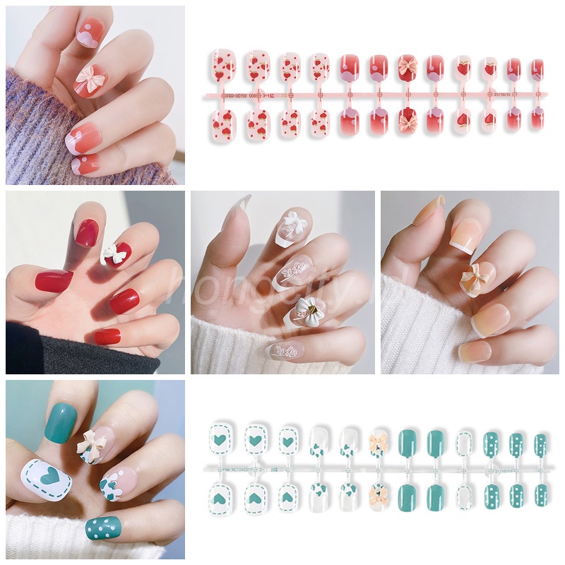 24pcs / Set Kuku Palsu Bahan Akrilik Motif Harimau / Mawar Putih / Pita Untuk Nail Art