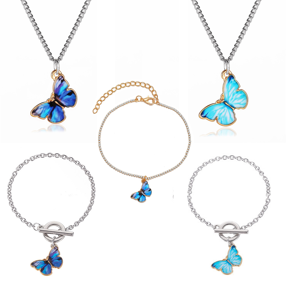 Set Kalung Rantai Choker Liontin Butterfly Gaya Retro Korea Untuk Wanita