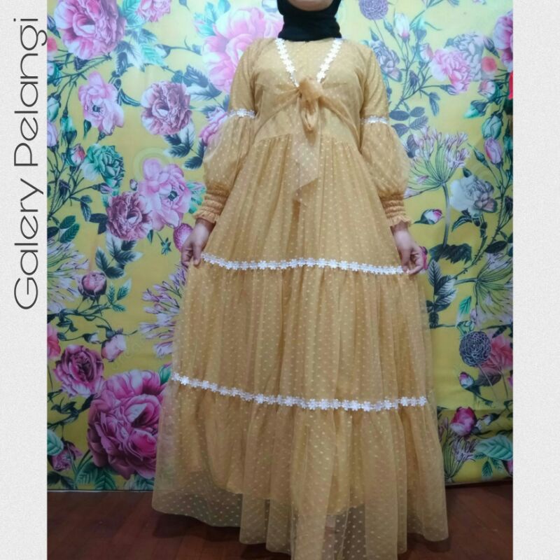 DRESS BRUKAT GAMIS BRUKAT PESTA TILE RENDA LENGAN BALON GAMIS DRESS MURAH CANTIK KEKINIAN