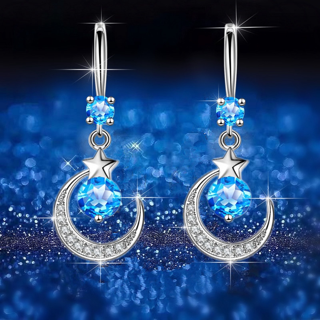 Hu Hu Hu Hu Hu Alat Bantu Pasang Kacamata♡ 1 Pasang Anting Kait Gantung Desain Bulan Bintang Hias Berlian Imitasi Untuk Wanita