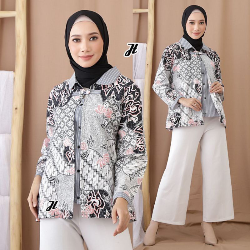 tey-17 Batik wanita ASJ SA HRB026 Kenongo Kemeja Tosca Pendek-Simply hitam