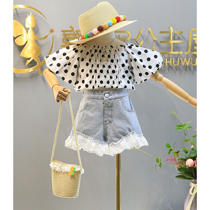 Baju Setelan impor Polkadot Hitam + Jeans Lace Anak perempuan Korea Style