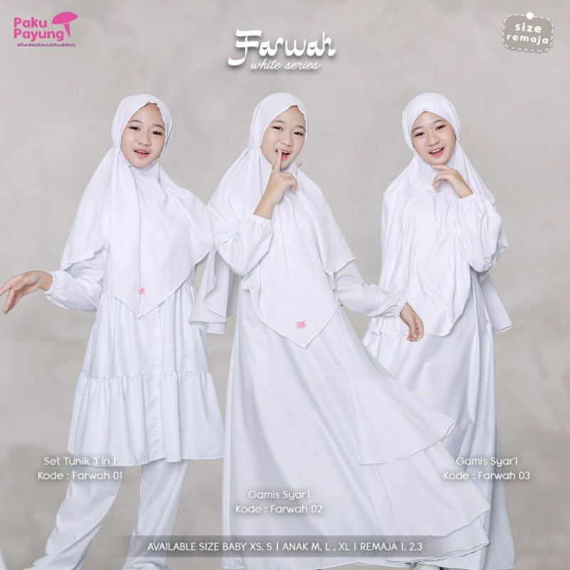 Setelan Baju Gamis Farwah Paku Payung putih Anak Perempuan Muslim Manasik Haji rok atasan dress Tuni