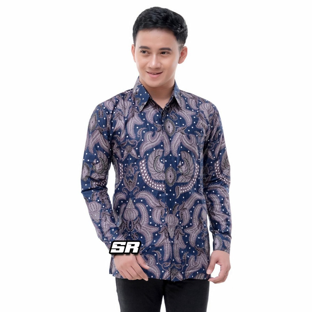 Batik Pria Lengan Panjang BATIK BERKAH HRB026 motif KERATONAN Kode 002 size M L XL XXL Reguler-capung biru