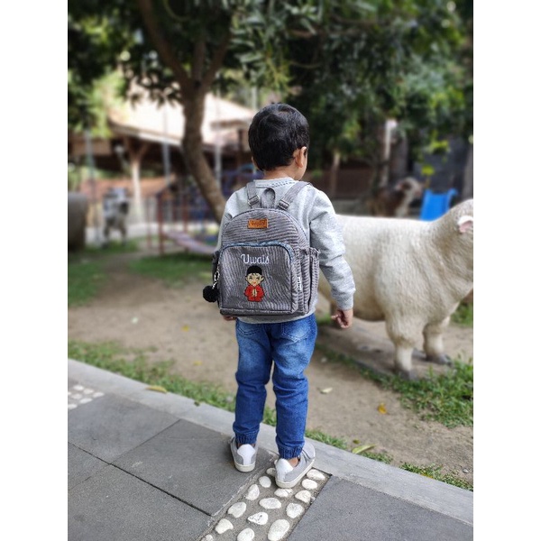 Baglist abu grey tas anak bordir nama custom backpack paud tk sekolah