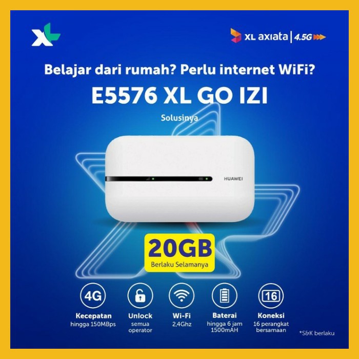 Huawei E5573 Modem 4G MiFi Unlock ALL Operator - FREE WiFi XL 20GB - Hitam, E5576 20GB XL Diskon