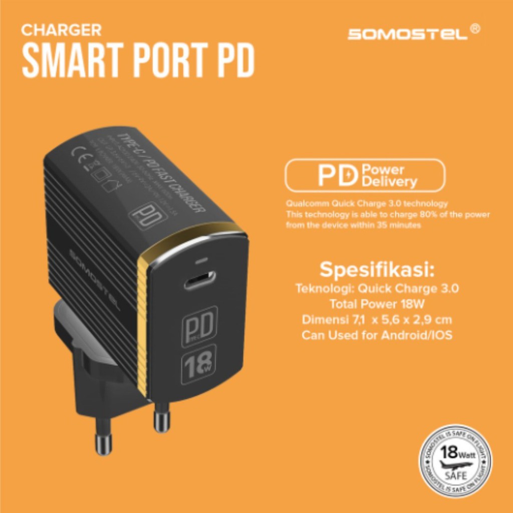 KEPALA CHARGER SOMOSTEL SMART PORT PD FAST CHARGING TYPE C OUTPUT QUALCOMM 3.0