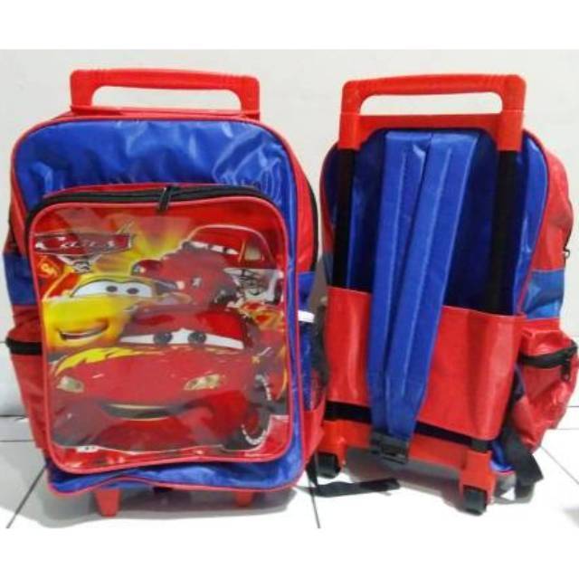 Tas koper roda dorong troli troly anak TK trolley ransel backpack laki mobil cars mcqueen murah