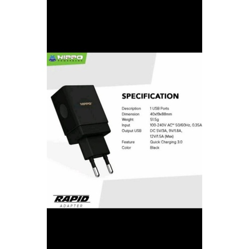 Batok Adapter Kepala Charger Hippo Rapid OC 3.0 18W 1 Usb Quick Fast Charger
