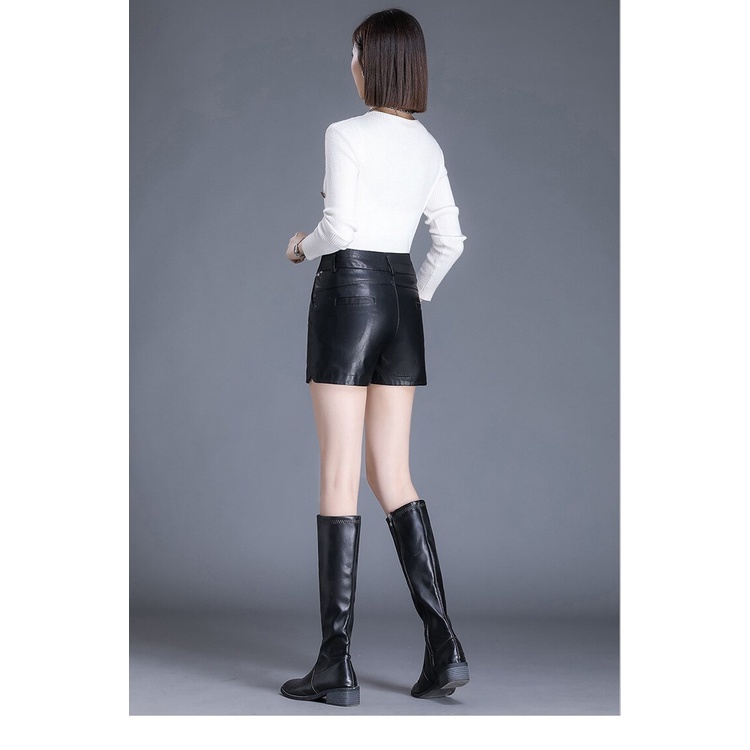 Celana Kulit PU Pendek Wanita Pinggang Tinggi Hitam Musim Semi, Musim Gugur dan Musim Dingin Celana Bot Celana Kulit Lurus Ropa Mujer Terbaru Celana Seksi Model Korea Style Terkini
