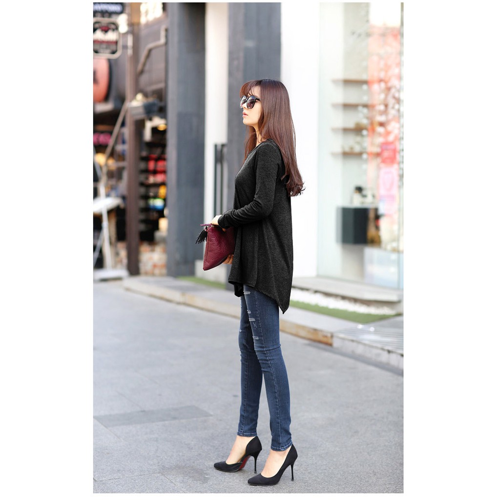 KARAKOREA PinUp Unbalanced Tee Baju Atasan Wanita Lengan panjang-PU Standard/Black