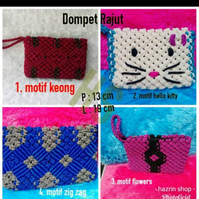 DOMPET RAJUT WANITA FASHION TALI KUR ZAMAN NOW MOTIF HELLOKITYY BUNGA ZIGZAG MATA KEONG UNTUK
