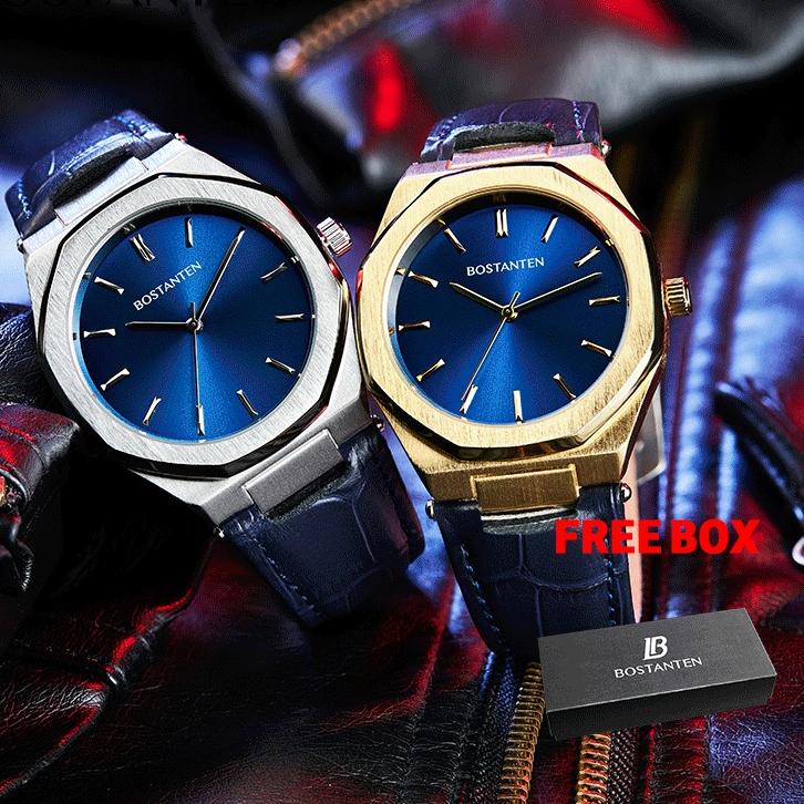 【COD】Bostanten ORI  Jam Tangan Pria Tahan Air Bezel Logam Berat Jam Tangan Kulit Biru Untuk Pria  (d