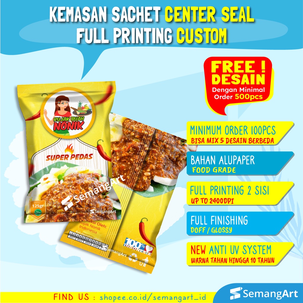 Cetak Kemasan Sachet Center Seal T Full Printing Bungkus Minuman Bubuk Kopi Makanan Desain Custom