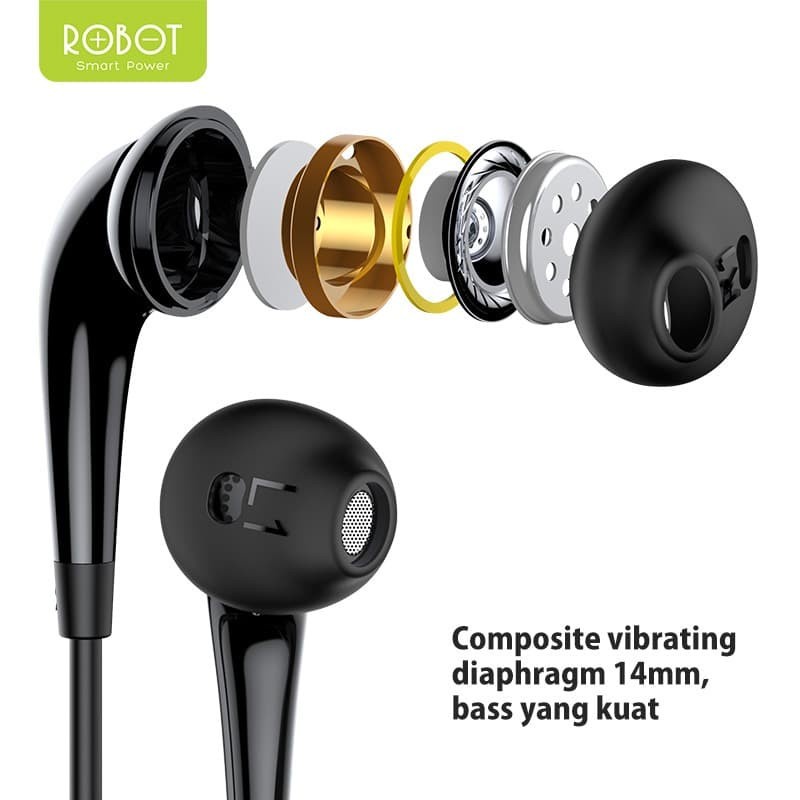 Earphone ROBOT RE701 RE 701 RE-701 headset Headphone soft in ear 3.5mm Bass wired kabel Hitam putih