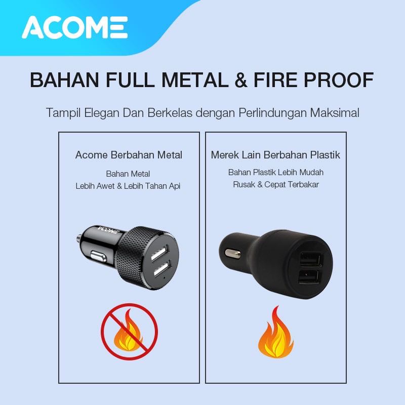 Acome Car Charger 2 Port Fast Charging 3.4A Garansi Resmi 1 tahun ACC03