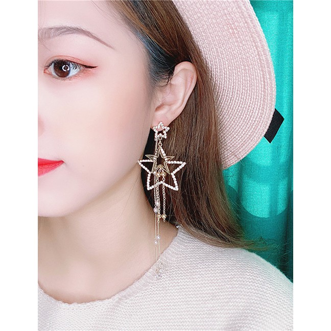 LRC Anting Tusuk Fashion Yellow Alloy Star Diamond Earrings D64447
