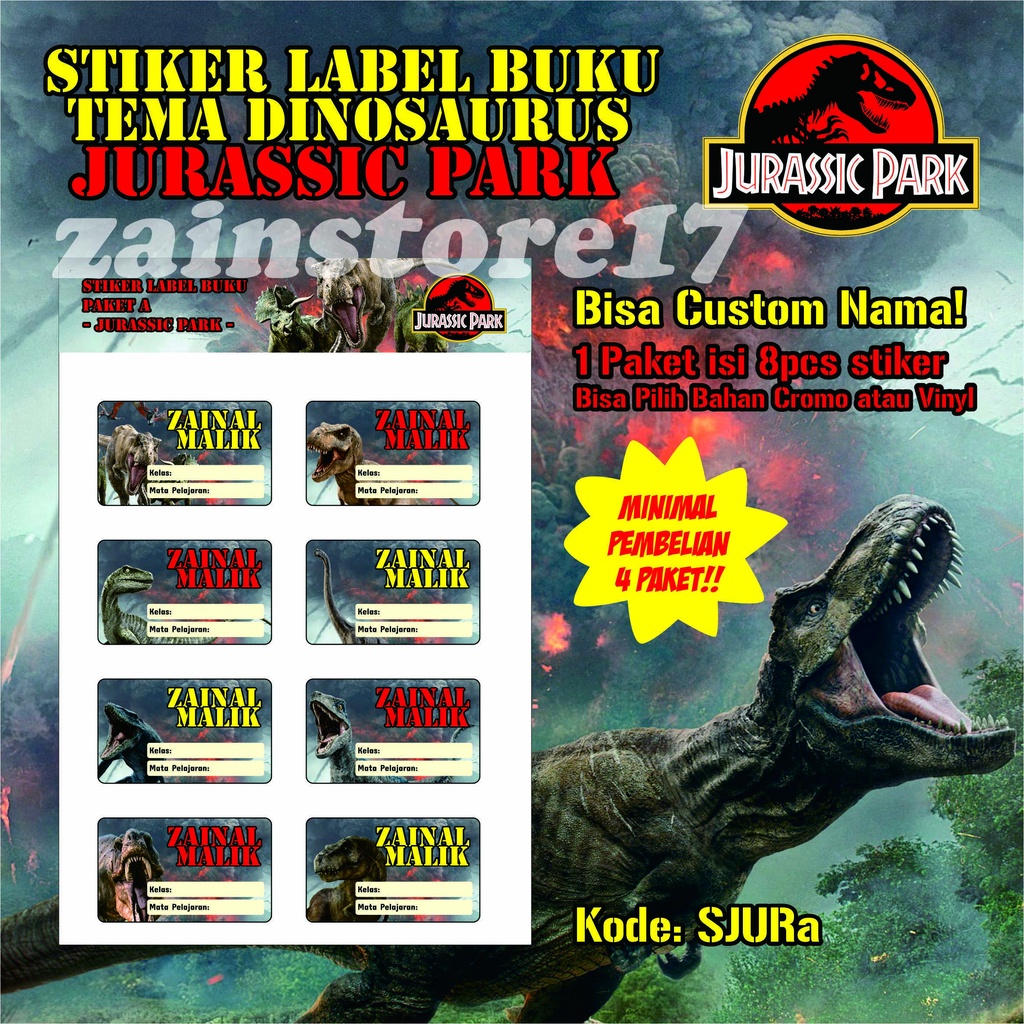 

Stiker Tema Dinosaurus JURASSIC PARK -Label Nama Custom