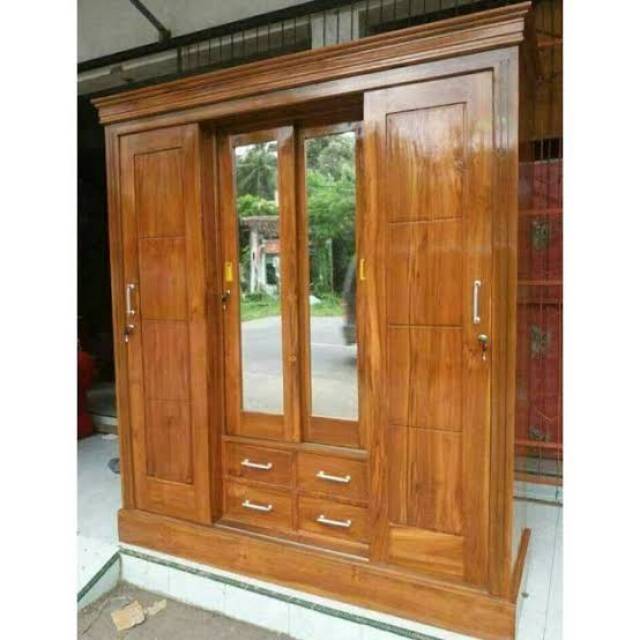 Lemari Pakaian Pintu 4 Sliding Plus Kaca Kayu Jati Furniture Mebel MURAH LARIS SHOPEE