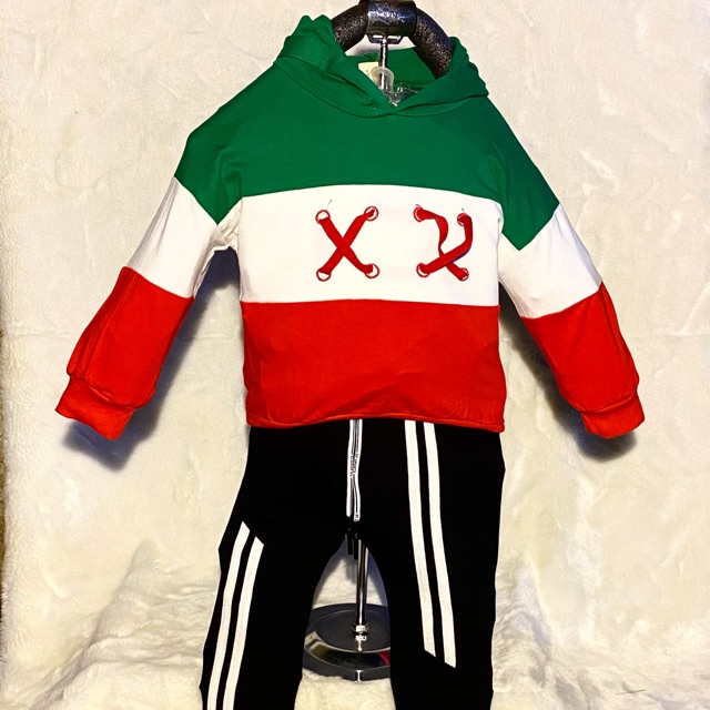 Baju Sweater Anak Laki-Laki Hoodie Warna Itali Hijau Putih Merah Import (SET)