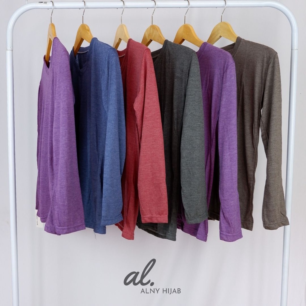 Alny Hijab - Kaos Polos Wanita Lengan Panjang Kekinian V-Neck Basic T-Shirt