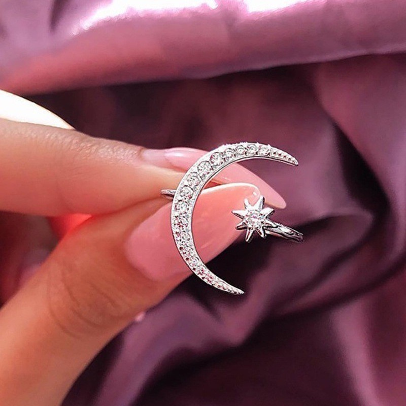 Cincin Model Terbuka Desain Bulan Bintang Tetesan Air Bahan Zirkon Aksen Berlian Gaya Jepang Dan Korea