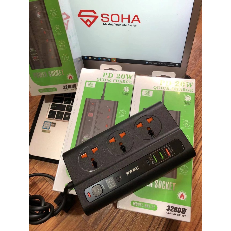 BKL-13 Timer Stop Kontak QualComm Power Socket Qualcomm Fast Charging 3 USB Port 4.2A PD-20W Type C Multi Port Auto Off Timer