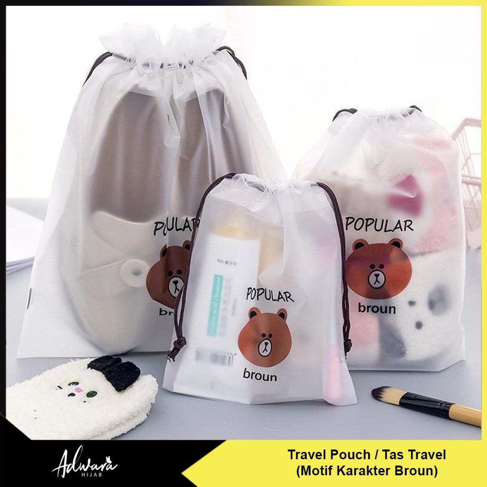 Travel Pouch Karakter Brown Bag Organizer Tas Serut Kosmetik Kantong Serbaguna Anti Air