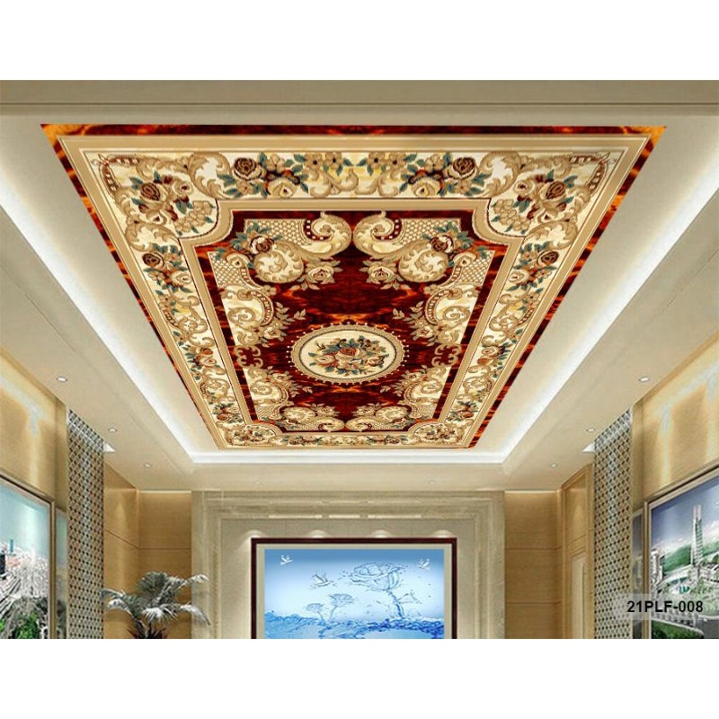 Wallpaper 3D Custom Plafon Latar Merah Batik Emas Klasik (21PLF-008)