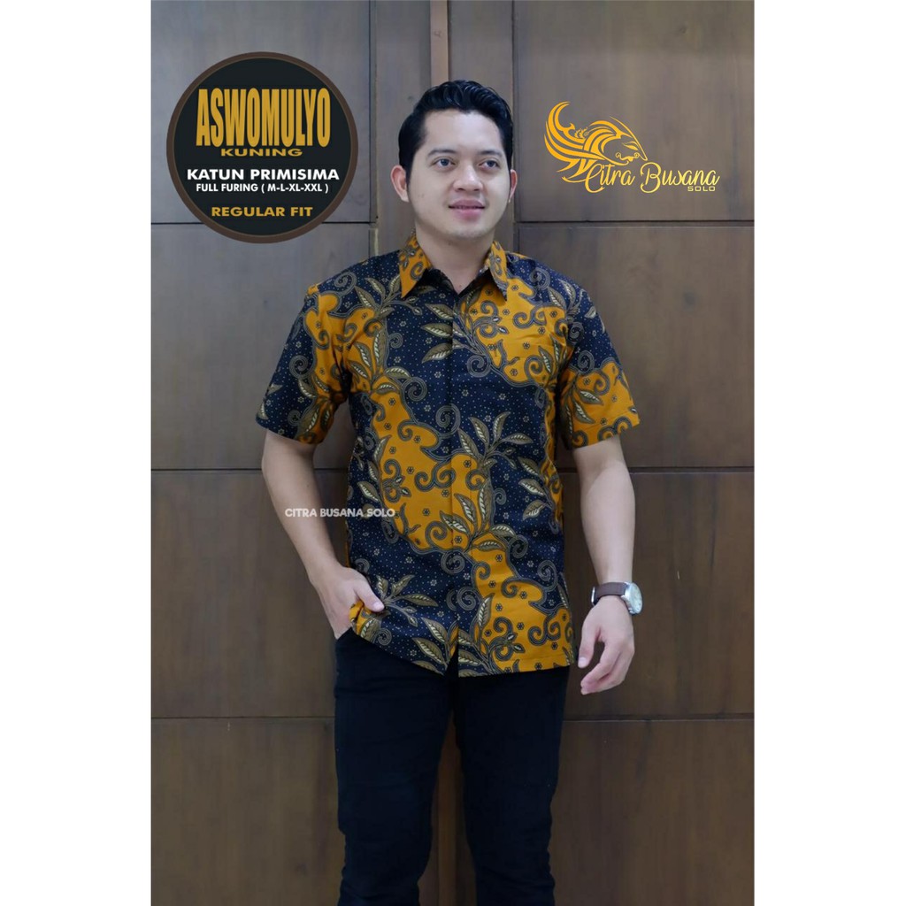 ASWOMULYO KUNING Kemeja Batik Pria Full Furing Bahan Katun Halus Primisima