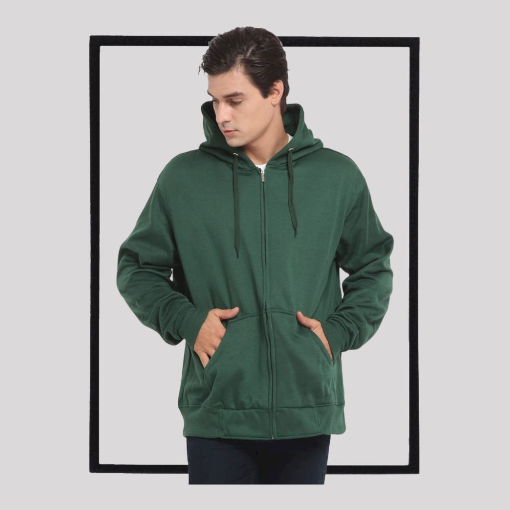 SWEATER_ID Hoodie Zipper Polos Hijau Lumut / Resleting Hijau Botol Unisex