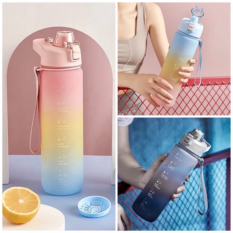 Botol Minum Motivasi Aesthetic Bottle Gradient Model Tutup Flip Kapasitas 1L