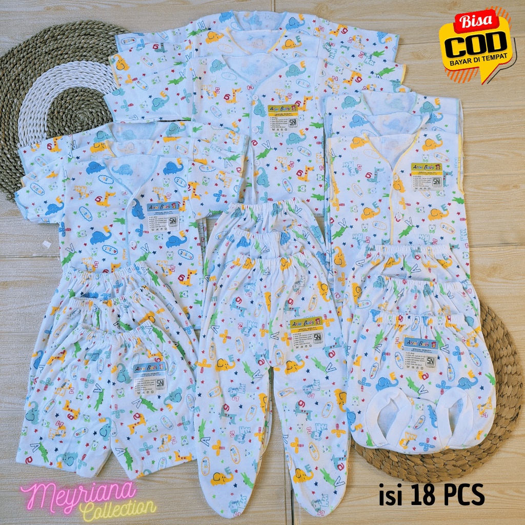 Paket Lengkap Hemat Kelahiran Baju Celana Bayi Baru Lahir Motip Putih Jungle SNI 18 PCS