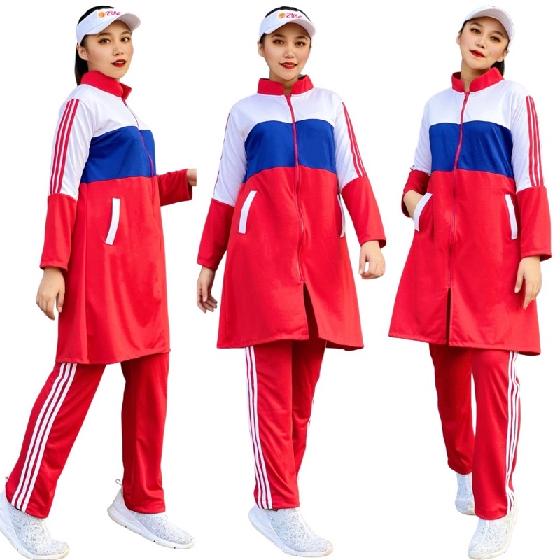 Set Baju Senam Tunik Colorblock Merah Panjang Hijab Muslim Setelan Olahraga Panjang Baju Gym Fitness