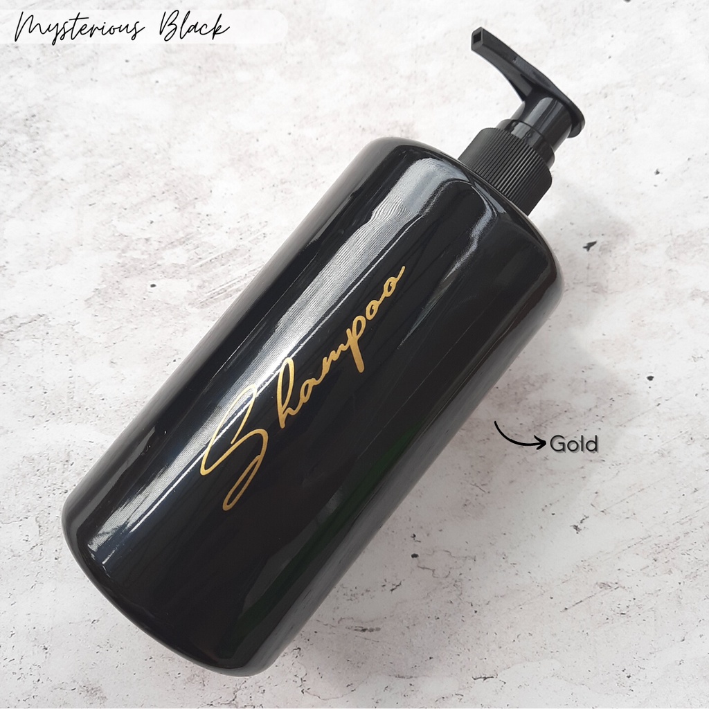 Mystirious Black Pump Bottle 500ml Botol Sabun Shampoo Hitam Label Emas Mewah Aesthetic Tutup Pump Bahan HDPE Tebal Kado Hadiah Rumah Baru