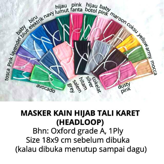 Masker Kain Hijab Tali Karet Headloop (Oxford Grade A) 1 Ply Warna Polos Adem Tebal Grosir Murah