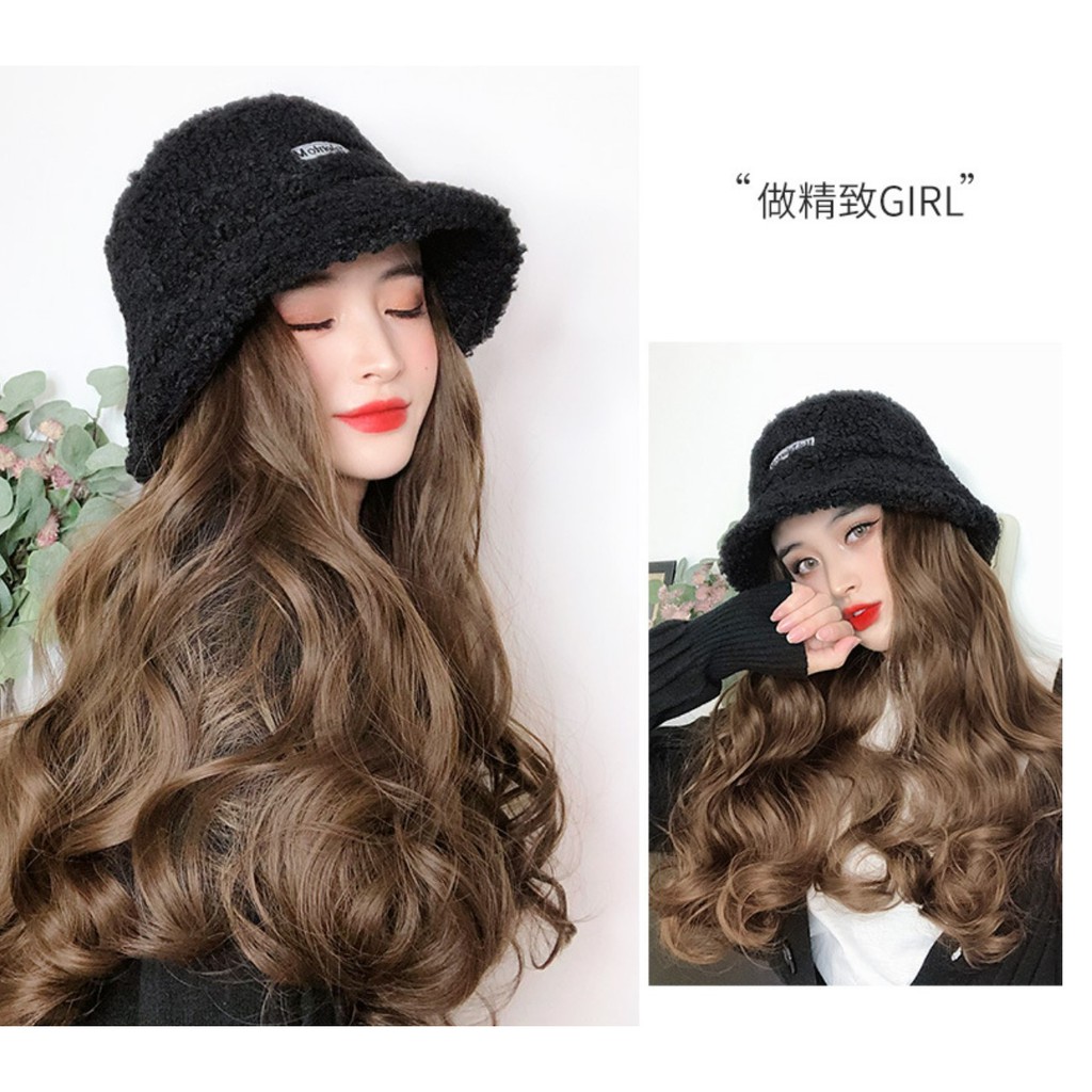 HTK wig topi bucket hat wool baret beret panjang wig hat rambut palsu hair extension