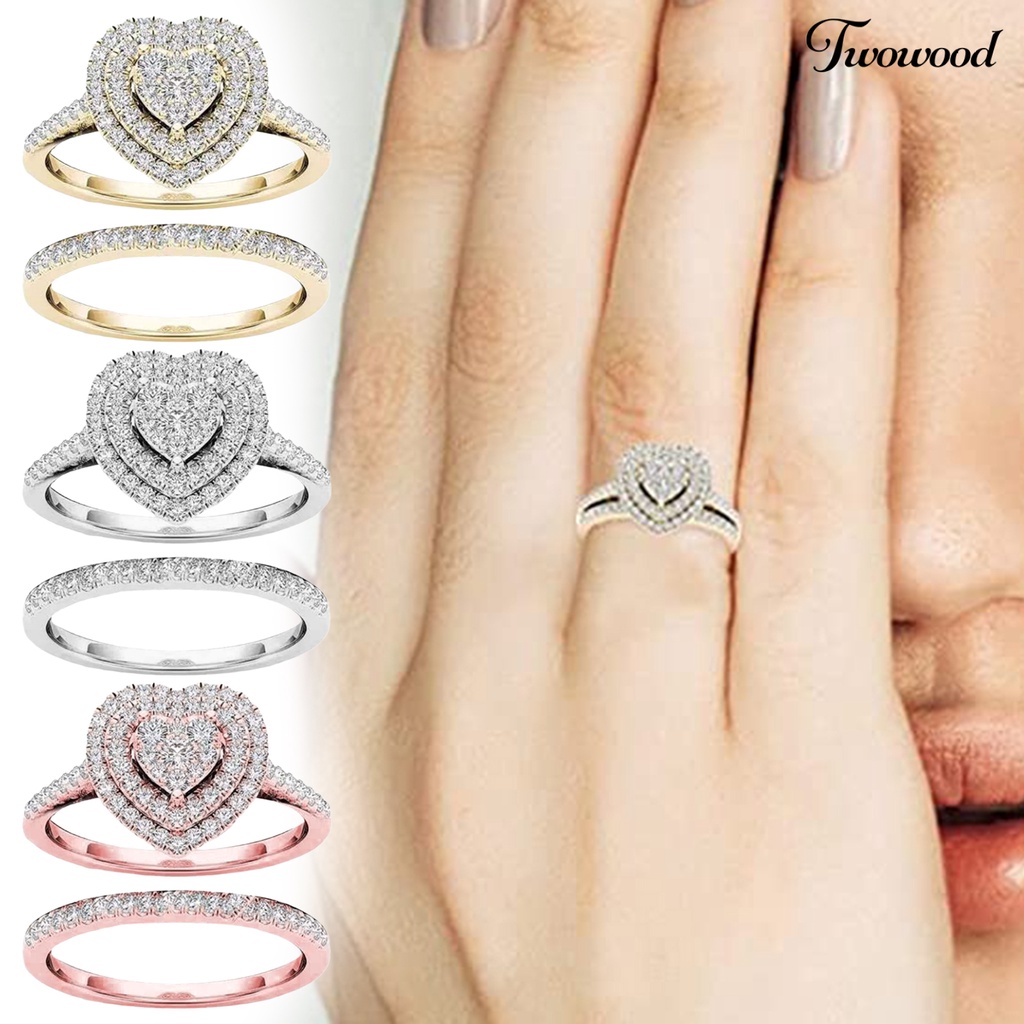 2pcs / Set Cincin Berlian Imitasi Bentuk Hati Bahan Alloy Untuk Pengantin Wanita