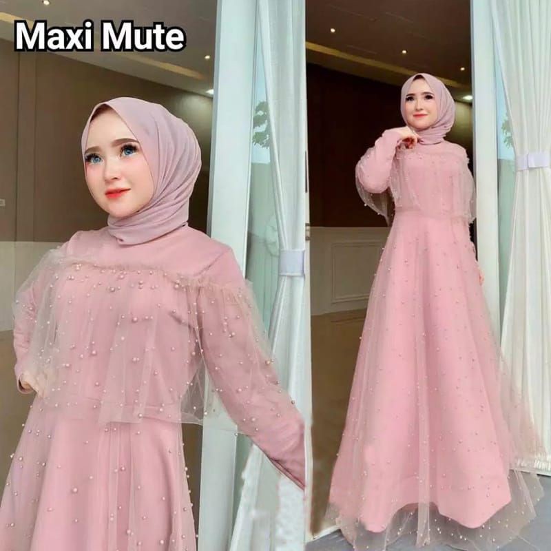 MAXI GAMIS MUTE GAMIS WANITA MUSLIM / MAXI DRESS BAHAN MOSCREPE KOMBY MUTIARA TANPA MASKER-3