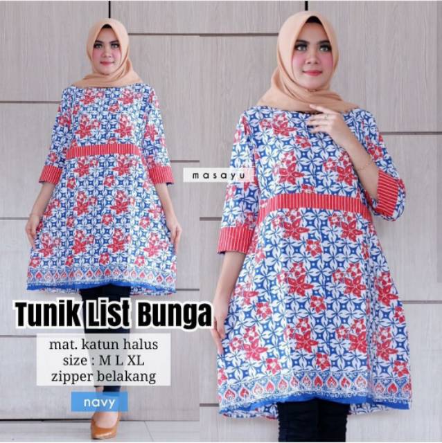 Tunik list bunga atasan baju batik wanita modern murah