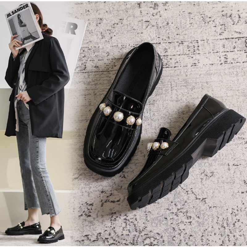 Sepatu Oxford Hitam Wanita Mutiara Slip On Sepatu Kulit Perempuan Loafer 2021 Mode Musim Semi Wanita Plaform Sepatu Oxford Flat / Sepatu Loafers Wanita / Sepatu Docmart Wanita / Sepatu Kulit Wanita / Bisa Cod