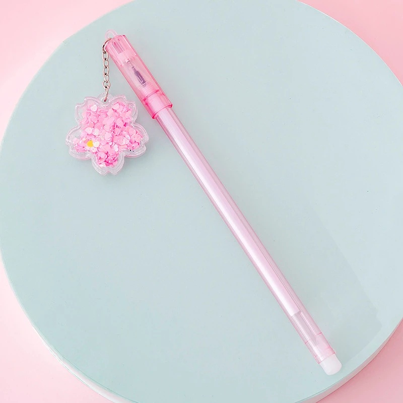 Pulpen Gel Motif Bunga Sakura Quicksand Sequin Untuk Stationery Sekolah / Kantor